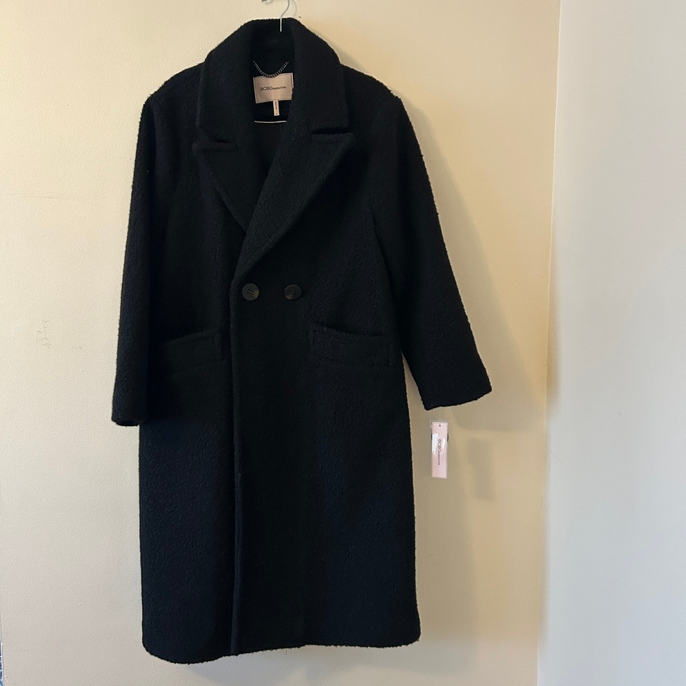 BCBGeneration Black Boucle Wool Blend Double‎ Breasted Long Coat PXL - Picture 3 of 11